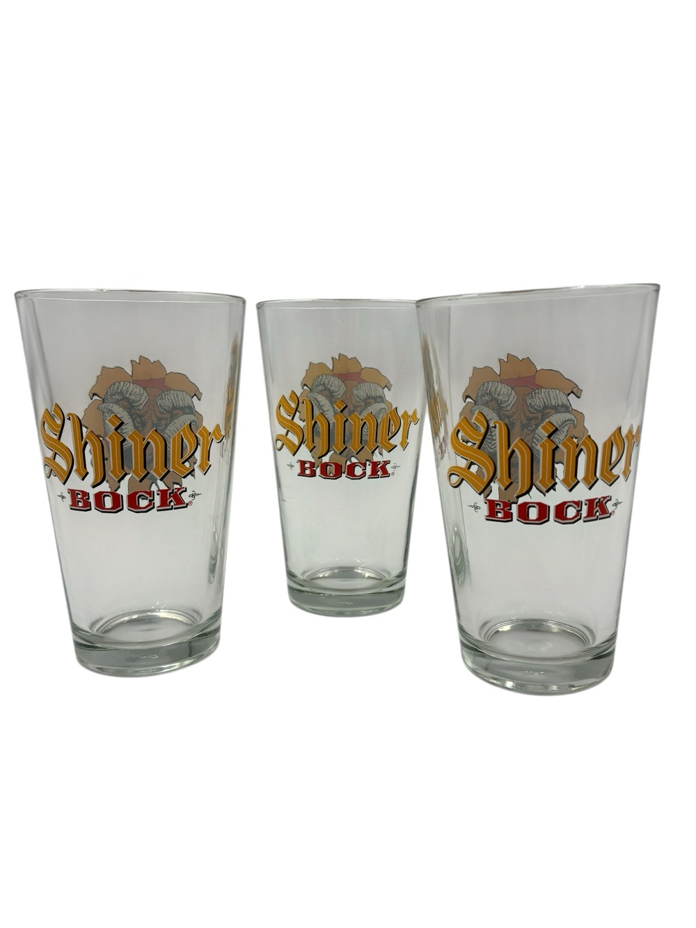Lot of 3 Vintage Shiner Bock Beer Pint Glasses 16oz - Spoetzl Brewery Ram Logo
